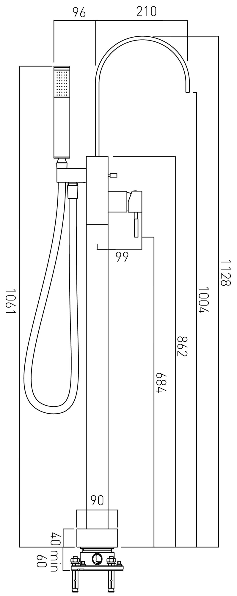 Vado Instinct Floor Mounted Bath Shower Mixer Tap With Kit