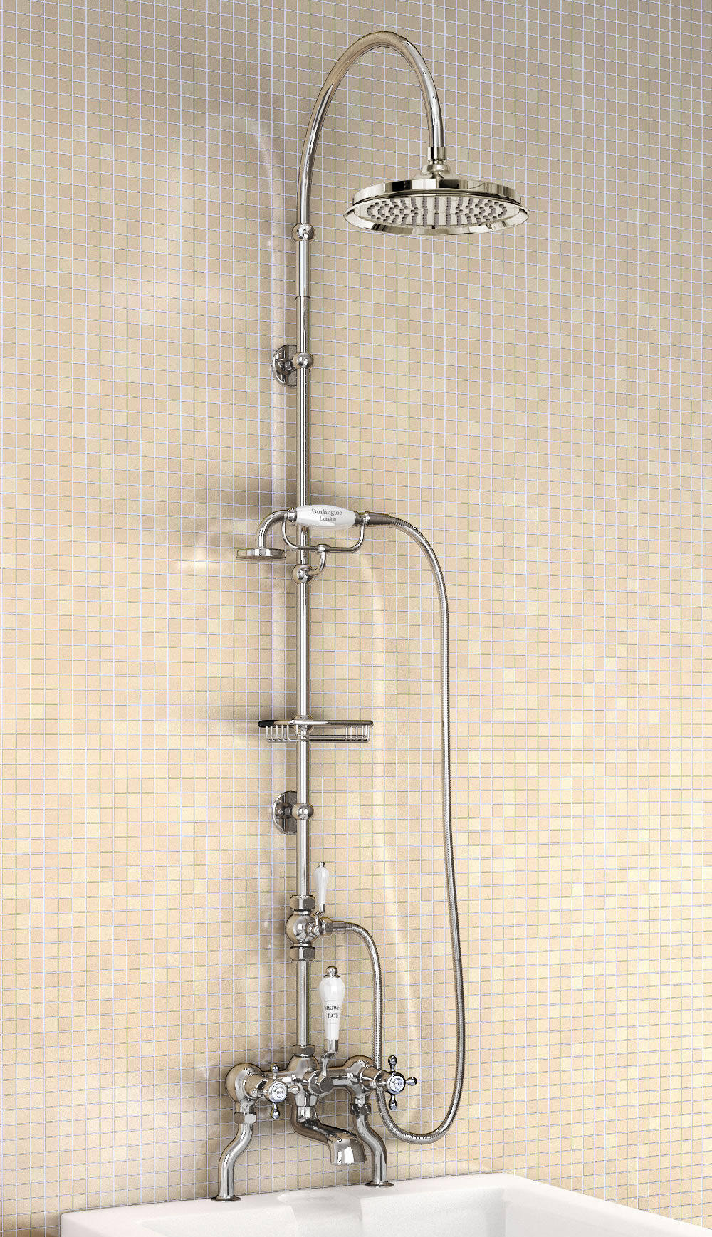 Burlington Bath Shower Mixer With Rigid RiserCurved Arm And 9 Inch Rose